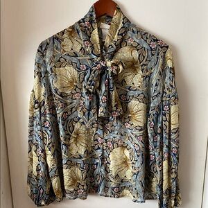 Blue and Gold Tie Front Relaxed Blouse